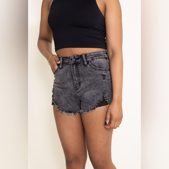 NWT- KANCAN High Rise Acid Wash Distressed Shorts for Women in Black - Picture 2 of 12